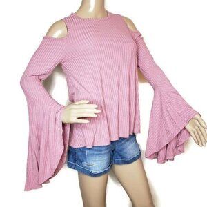 Womens Gaze USA Cold Shoulder Bell Sleeve Top XL Pink Polyester/Cotton